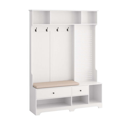 Multi-purpose Hallway Hall Tree with Removable Linen Cushioned Entryway Bench, Coat Rack, Storage Shelves, and DIY Pegboard,for Hallways, Living Room