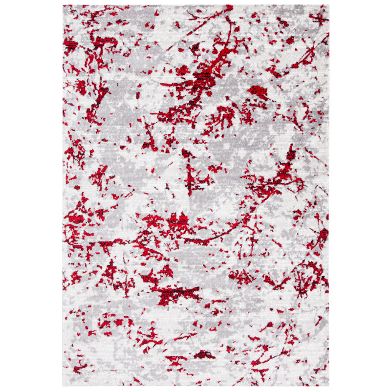 Tapis gris / rouge à motif abstrait, Rectangle 3 pi x 5 pi