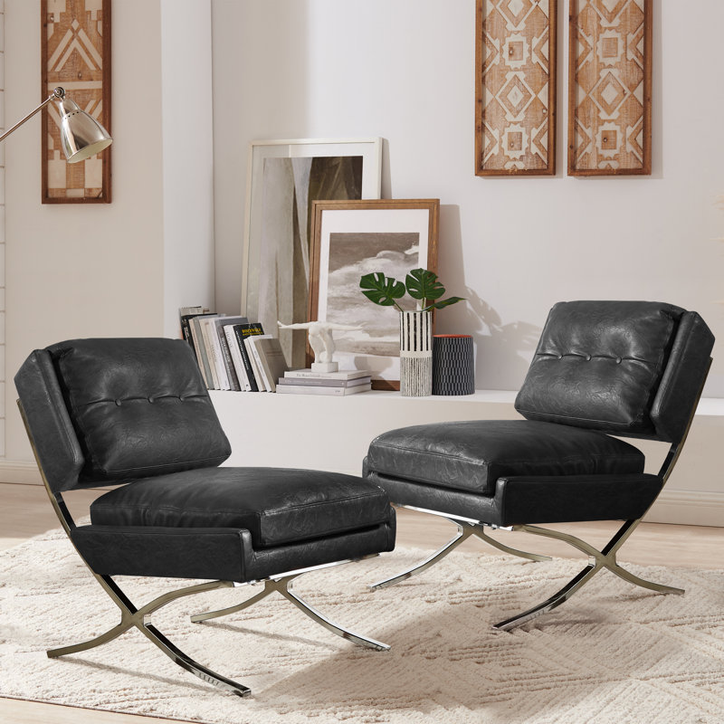 Adewunmi 26.38'' W Button Tufted Faux Leather Upholstered Armless Accent Lounge Chair (Set of 2), Black Faux Leather