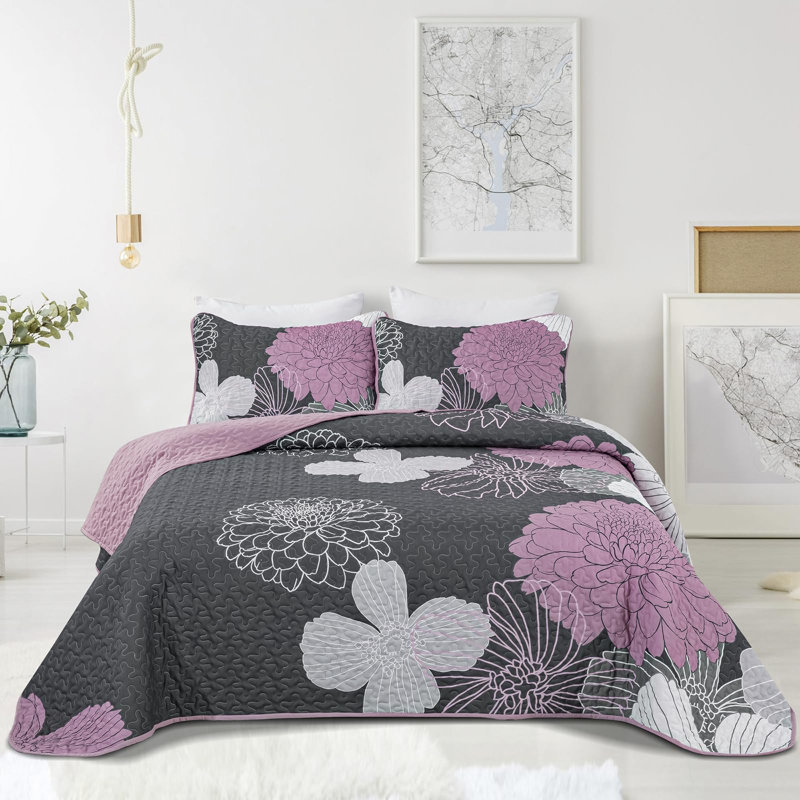Ensemble de courtepointe 3 pièces avec imprimé floral, Courtepointe pour lit grand + deux taies décorati, Gris / Rose