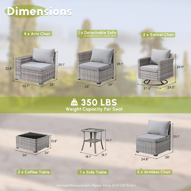 Ensemble de mobilier de patio pour 12 personnes avec chaises berçantes pivotantes, ensemble de conversation modulaire en rotin et osier avec coussins, ensemble de conversation pour canapé toutes saisons avec table pour jardin