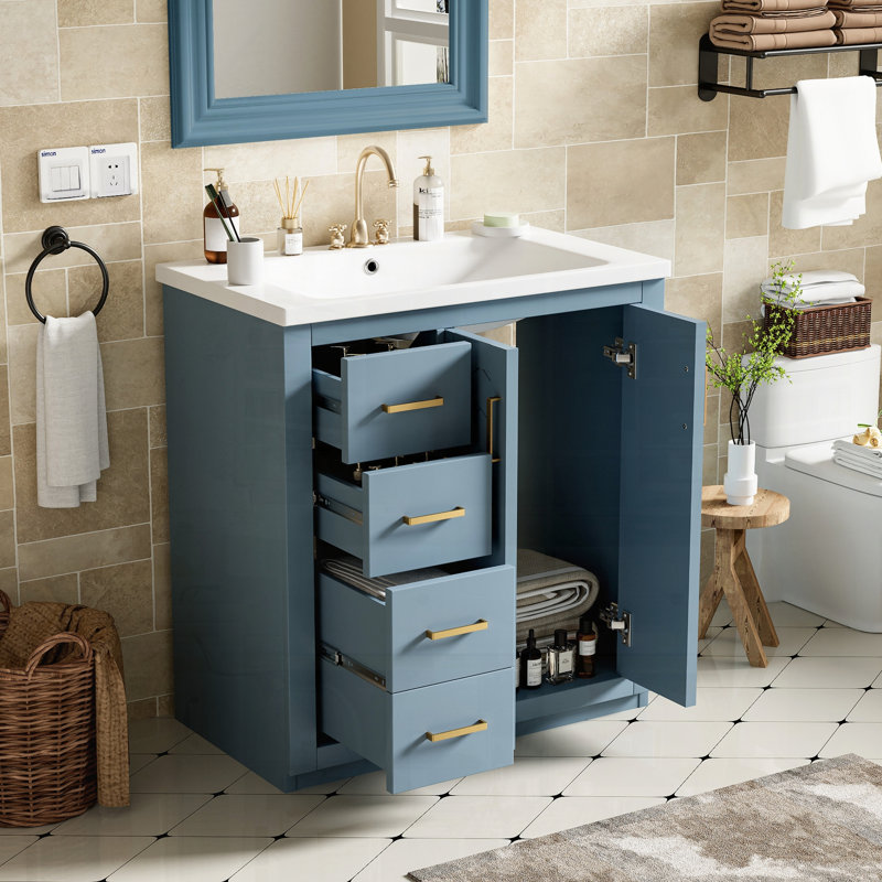 Meuble-lavabo autoportant en bois massif avec lavabo et tiroirs, Doré, Bleu