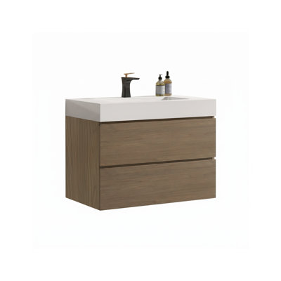 30 in. Wall-Mounted Single Bathroom Vanity Set with Integrated Sink and 2 Drawers in Walnut Finish