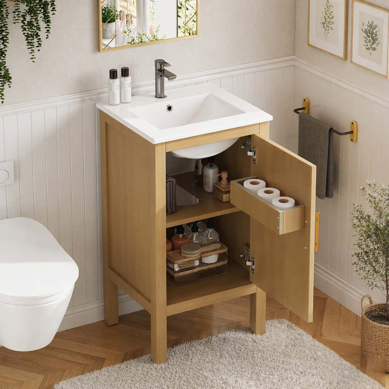 Armoire de salle de bain 18 po avec rangement, solution pour petit espace avec lavabo en céramique, tablette réglable