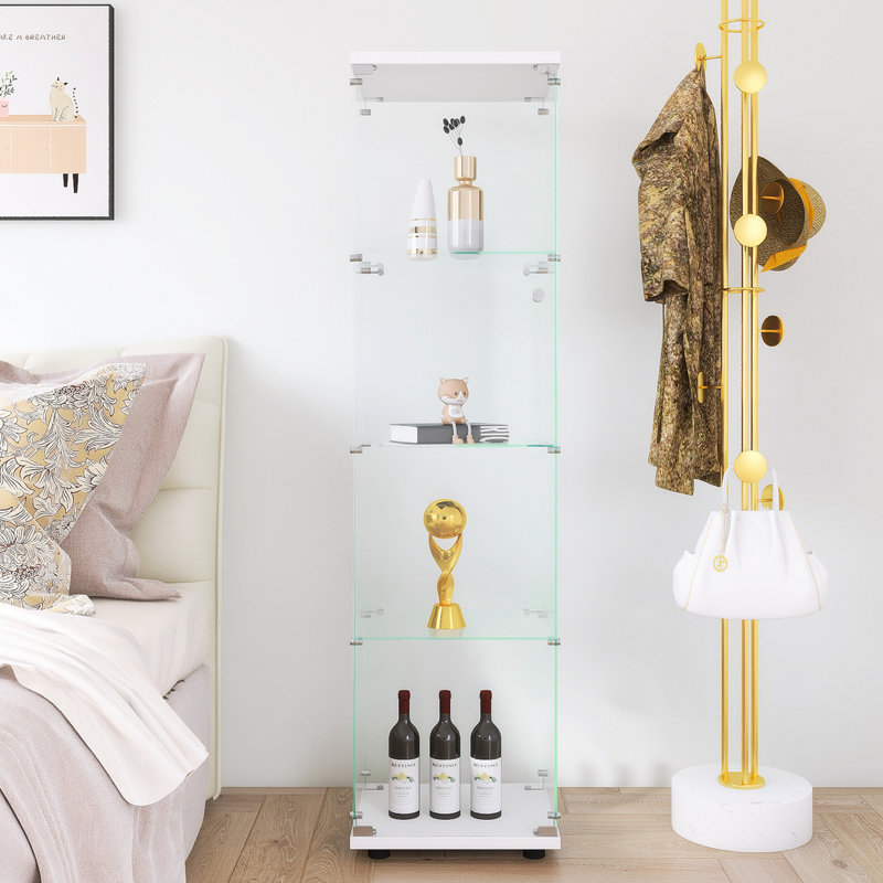 Havik Glass Display Cabinet 4 Shelves with Door, Floor Standing Curio Bookshelf Office, 14.28" H x 16.68" W x 64.68" D