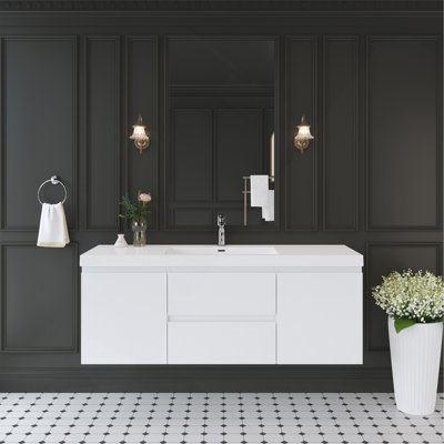 Meuble-lavabo flottant 60 po avec lavabo, meuble-lavabo mural moderne avec lavabo à surface solide et tiroirs à fermeture en douceur 60 po
