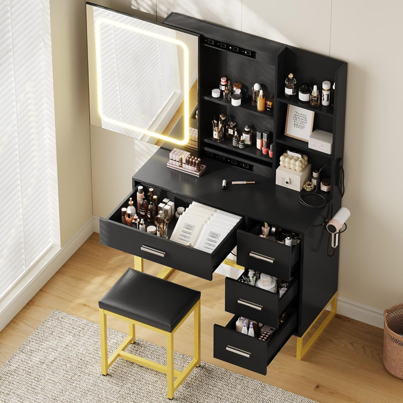 Modern Makeup Vanity Table with LED Lights, Sliding Mirror, 4 Drawers, Stool, Power Outlet, and Open Shelves – Bedroom Dressing Table with Adjustable Lighting