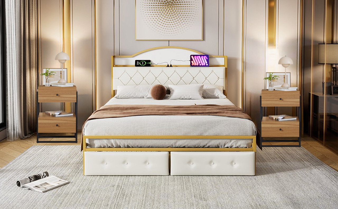 Ebern Designs 3 peice bedroom set Metal Platform Bed and Nightstands Set of 2 with Charging