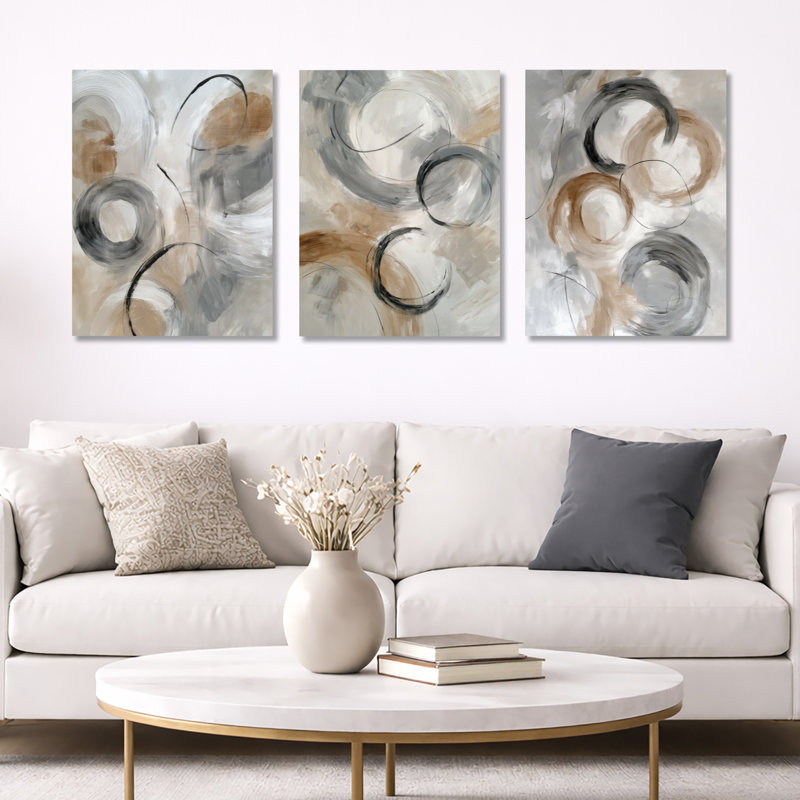 3 pièces d'art mural encadré abstrait gris et gris, 32" H x 72" W, Wrapped Canvas