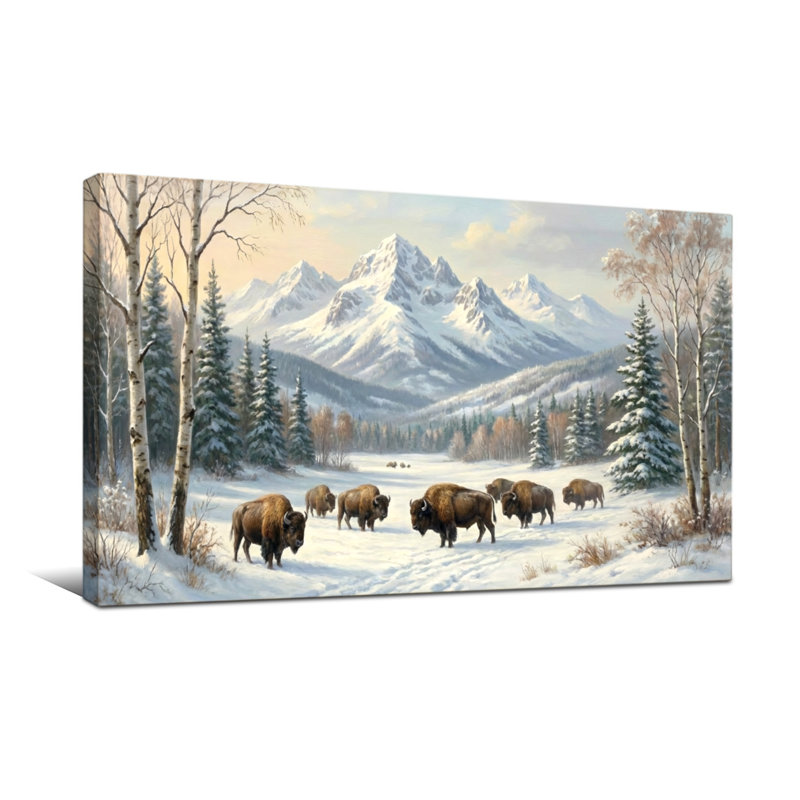 Paysage et nature Paysage d'hiver avec les bisons et les montagnes, H 28 po x l 58 po