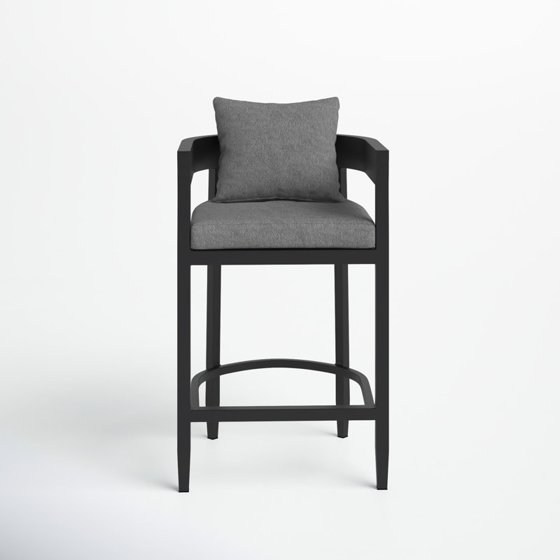 Elza Outdoor Patio Barstool in Aluminum and Gray Cushions, 26"