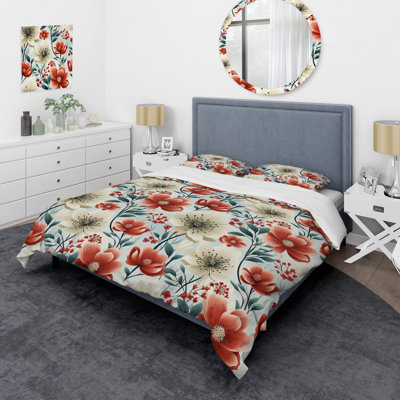 Blue & Red Coastal Elegance Floral Pattern I Box Stitch Floral Duvet Cover