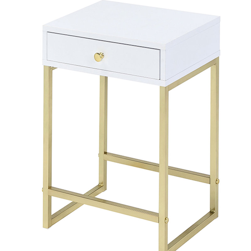 Table d'appoint rectangulaire blanche et laiton avec 1 tiroir, élégante pour le vestibule, mécanisme de tiroir coulissant lisse, 1 table, véranda, Essentials en métal
