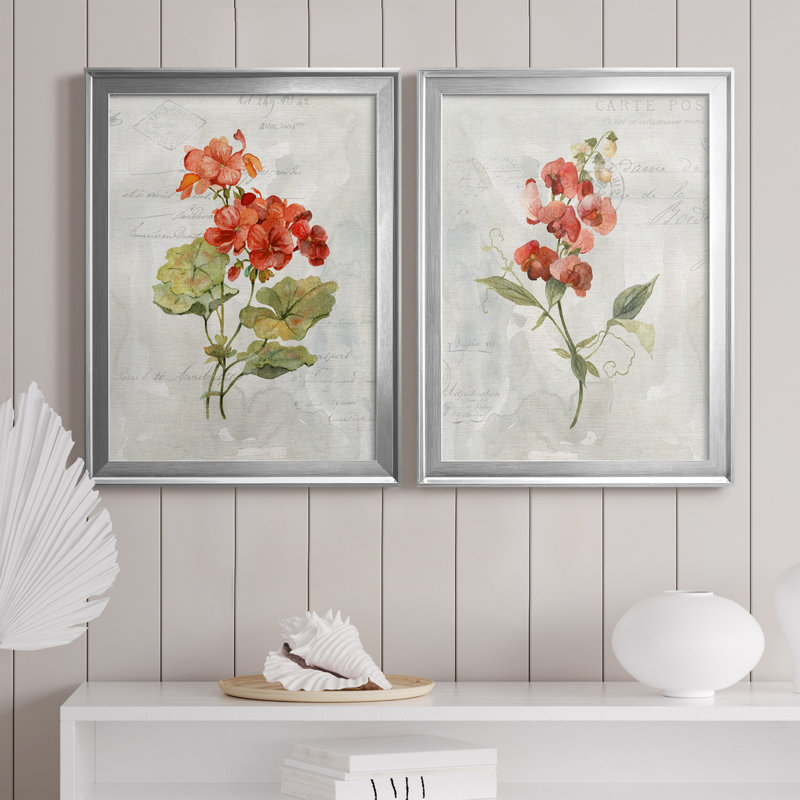 Lin géranium - ensemble de 2 peintures sur toiles, H 22,5 po x l 61 po x P 1,5 po, Toile avec cadre argenté
