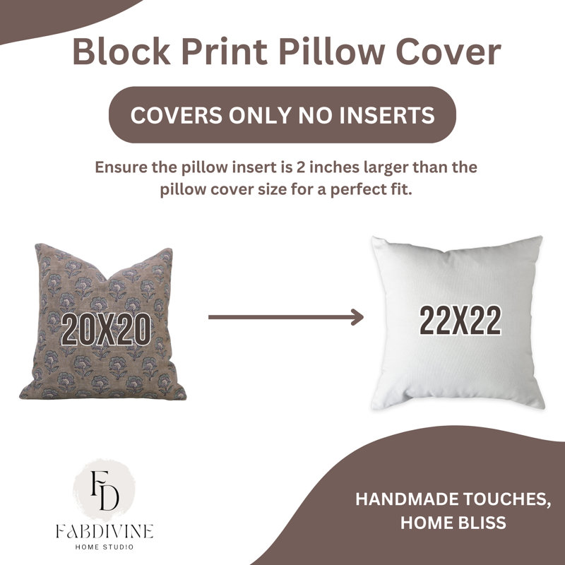 Block Print Throw Pillow Cover MNHGRTLSquare, Rectangle 12"H x 20"W, Brown/Blue Floral 5