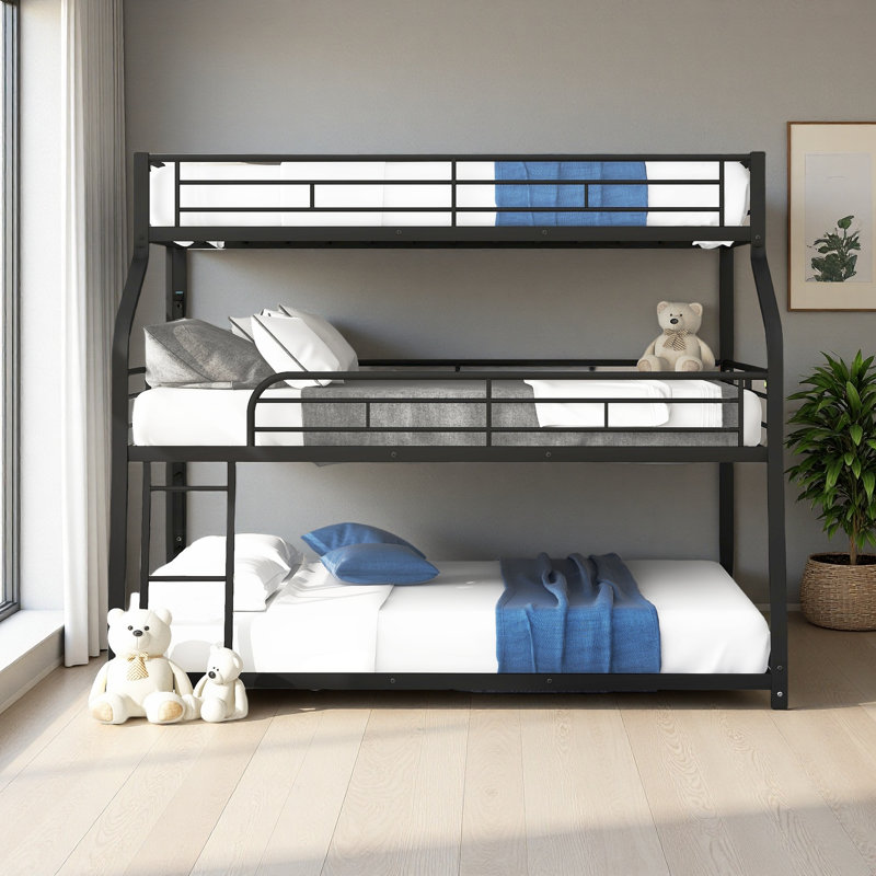 Triple Bunk Bed With Long And Short Ladder And Full-Length Guardrails