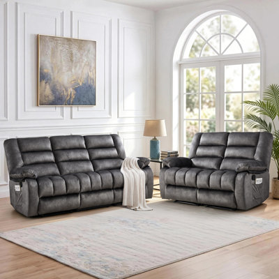 2-Piece Manual Reclining Living Room Set, Loveseat & Sofa With Storage And Cup-Holder Drop-Down