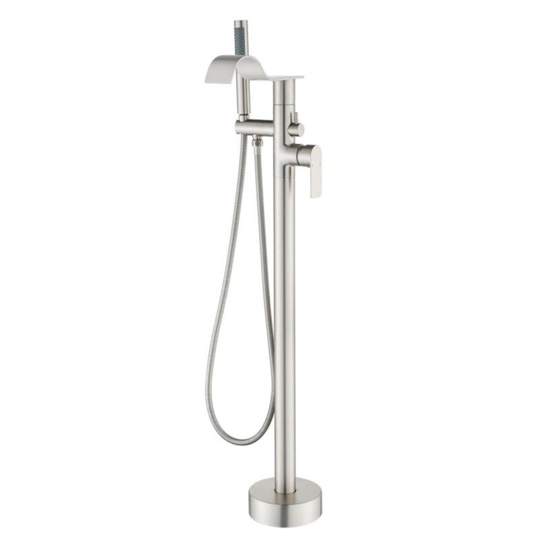 Freestanding Tub Filler Floor Mount Bathtub Faucet With Handheld Shower, Brushed Nickel