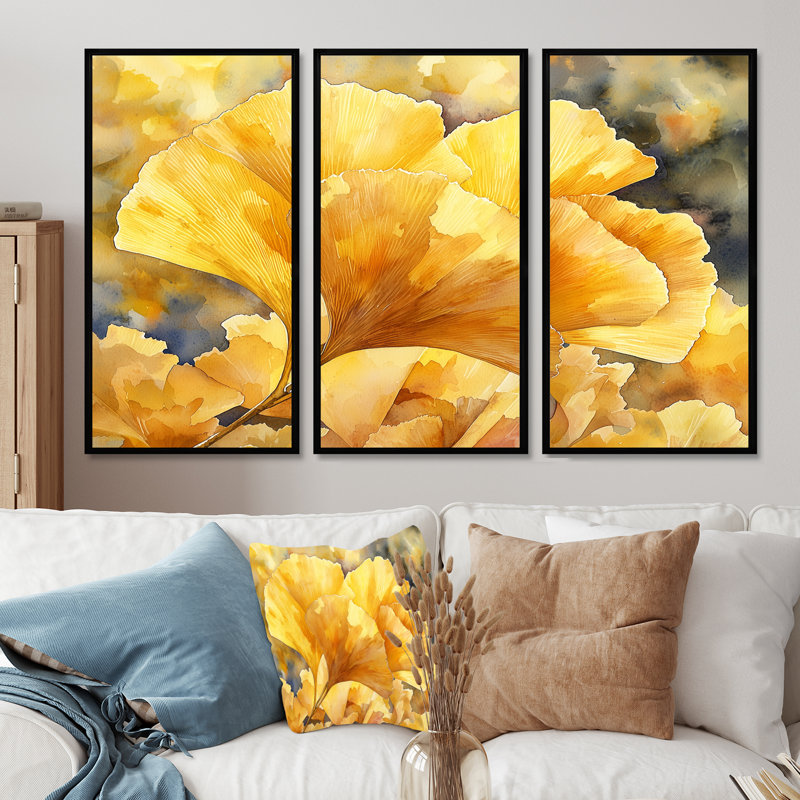 Golden Ginkgo Leaf II - feuilles, art mural - ensemble de 3, H 28 po x l 36 po, Noir, Impression encadrée sans passe-partout