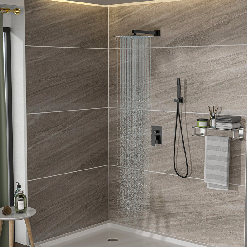 Pomme de douche double - Système de douche carré mural de 10 pouces avec valve brute, Noir mat