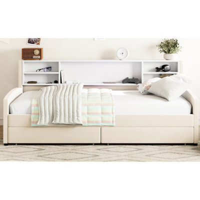 Twin Size Bed With Storage And Beige Upholstery - Velvet, Construction Platform Velvet Upholstery, Comfortable , Extra Space For Bedding Clothing, Stable Structure