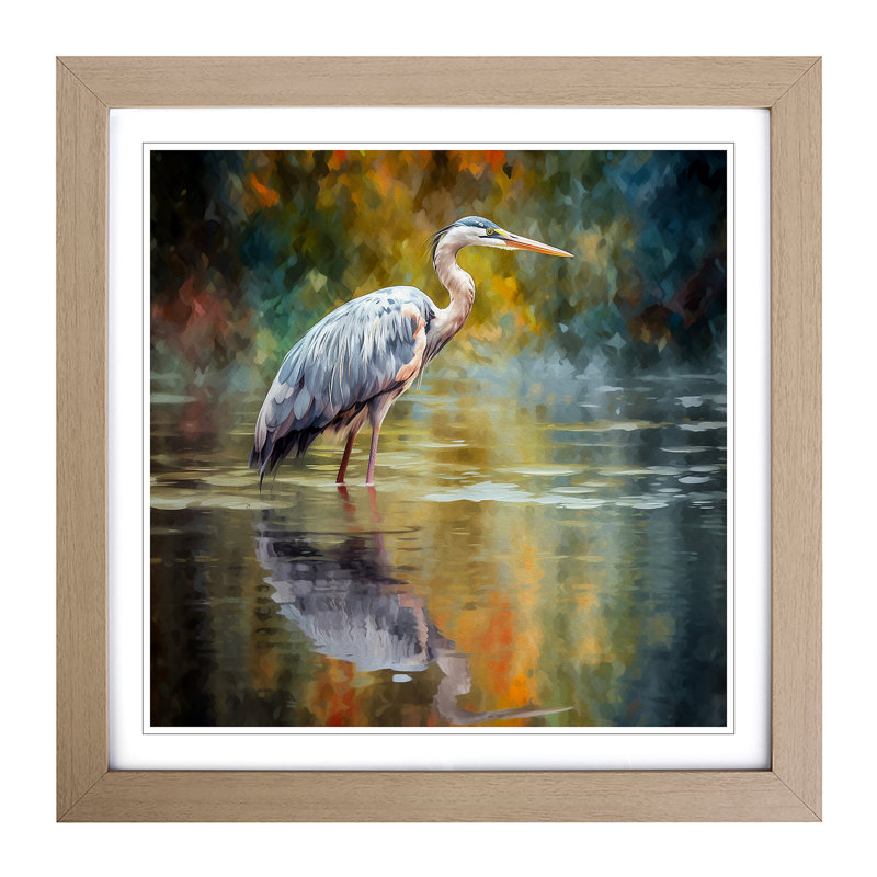 Heron Impressionism - Single Picture Frame Print on Wood, Oak