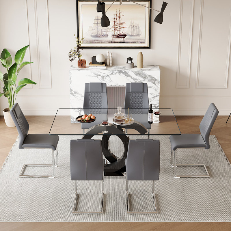 7-Piece Glass Top Dining Table Sets, Gris/argent