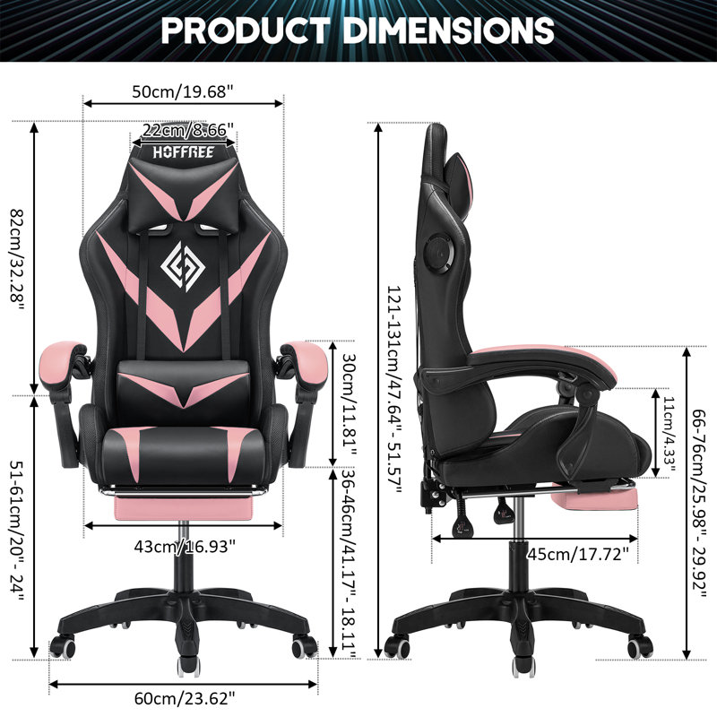 Hoffree Massage Ergonomic Gaming Chair with Bluetooth Speakers and RGB LED Lights, Pink/Black