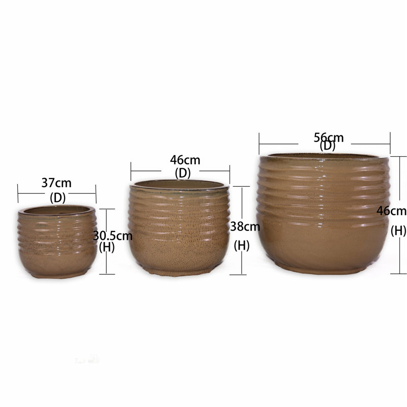 Set of 3 Ceramic Flowerpots, Modern Planters for Patio, Garden, and Windowsill - Finish, Antique Bronze