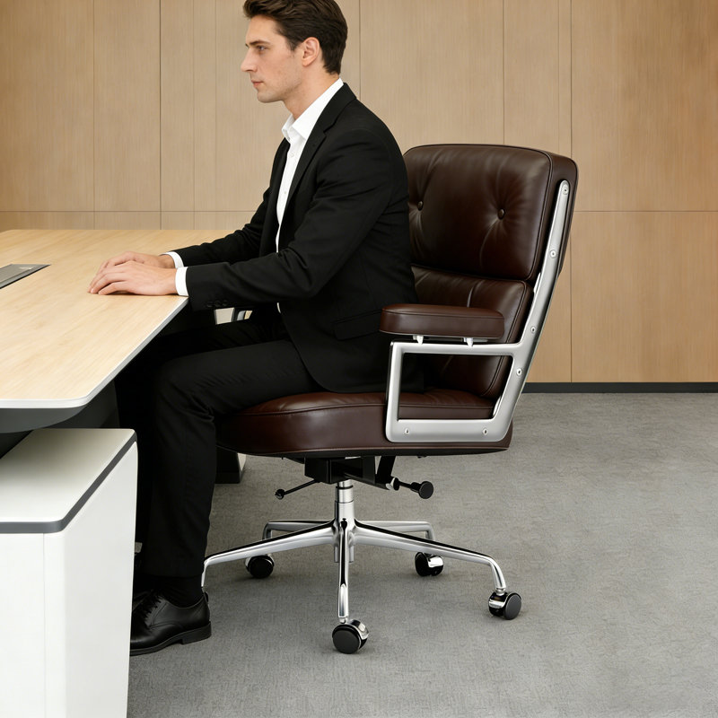 Mid Back Genuine Leather Executive Office Chair With Aluminum Frame, Swivel Computer Desk Chair, Genuine Leather Brown