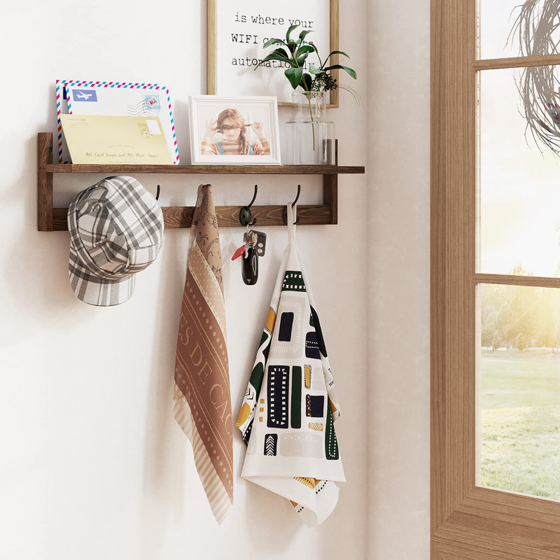 Wall-Mounted Shelf with Hooks, Brown