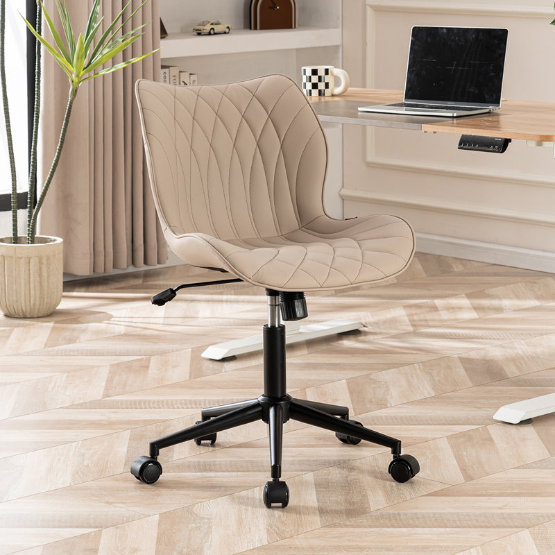 Maddoux Armless Swivel Office Chair Faux Leather Upholstered Waterproof Desk Chair Ergonomic Adjustable Computer Chair, Khaki