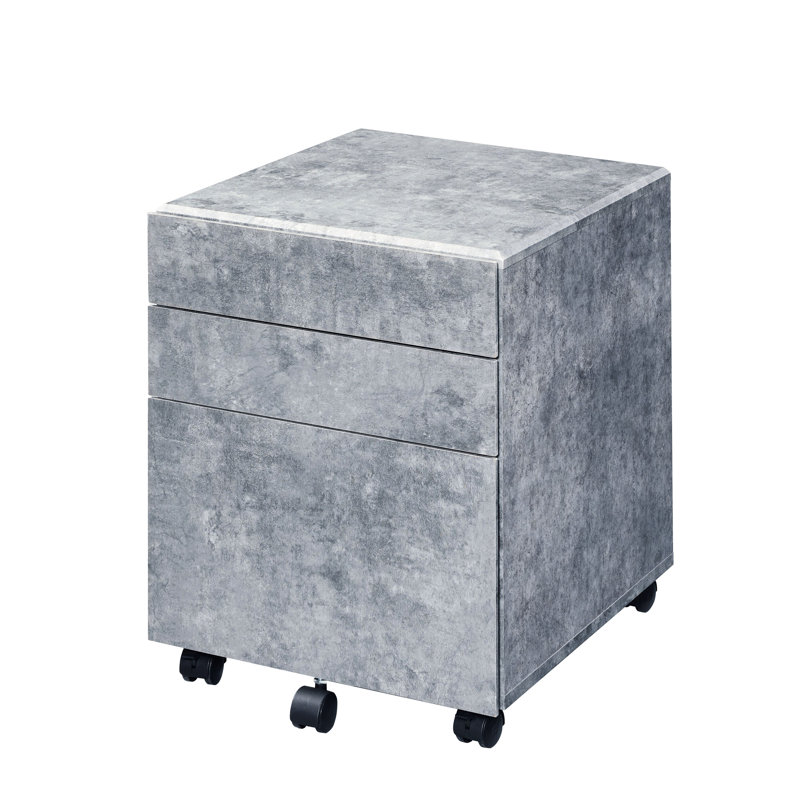 Classeur Office 3, gris argenté, 5 roulettes, structure en bois 3 tiroirs, faux béton, roues