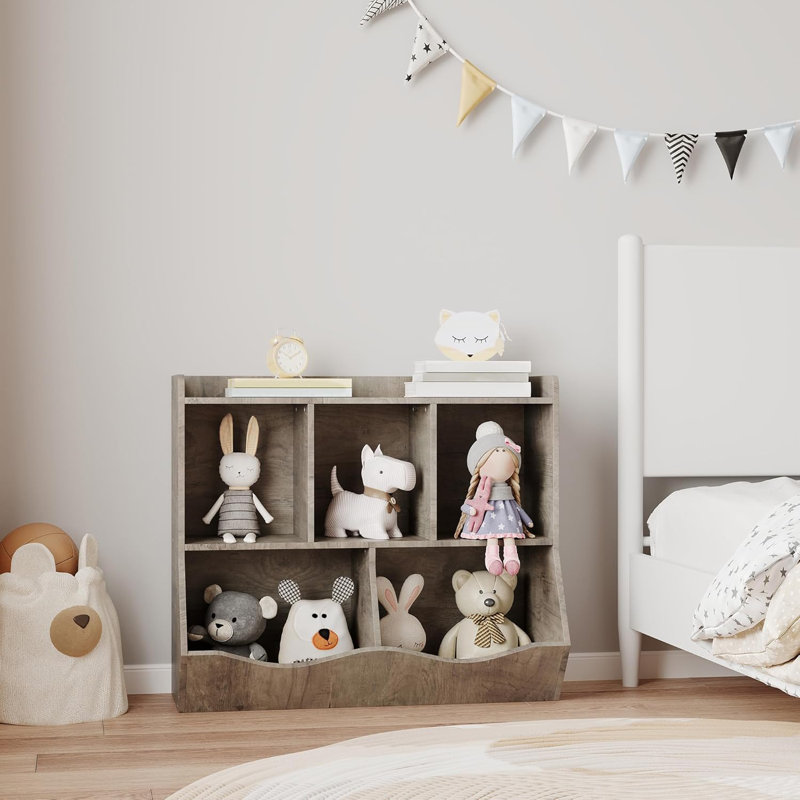 Bibliothèque pour enfants - organisateur de jouets à 5 cubes, anti-basculement, gris, sécuritaire pour la salle de jeux, Gris