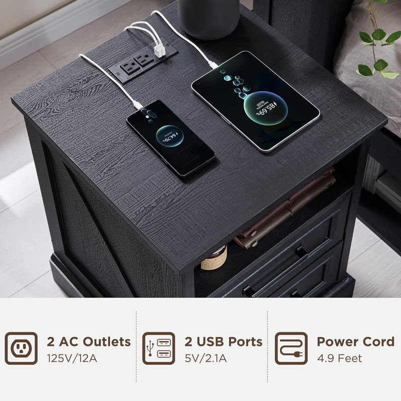 Wood 2 - Drawers Nightstand, Rustic End Table With Charging Station, Black