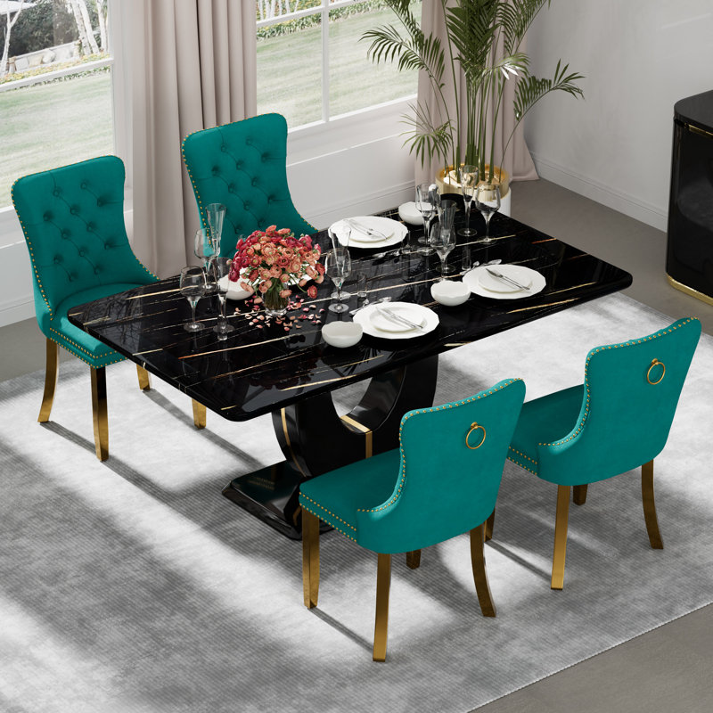 Ensemble de table de salle à manger rectangulaire, Noir, noir, noir, noir, 5, Blanc / argenté