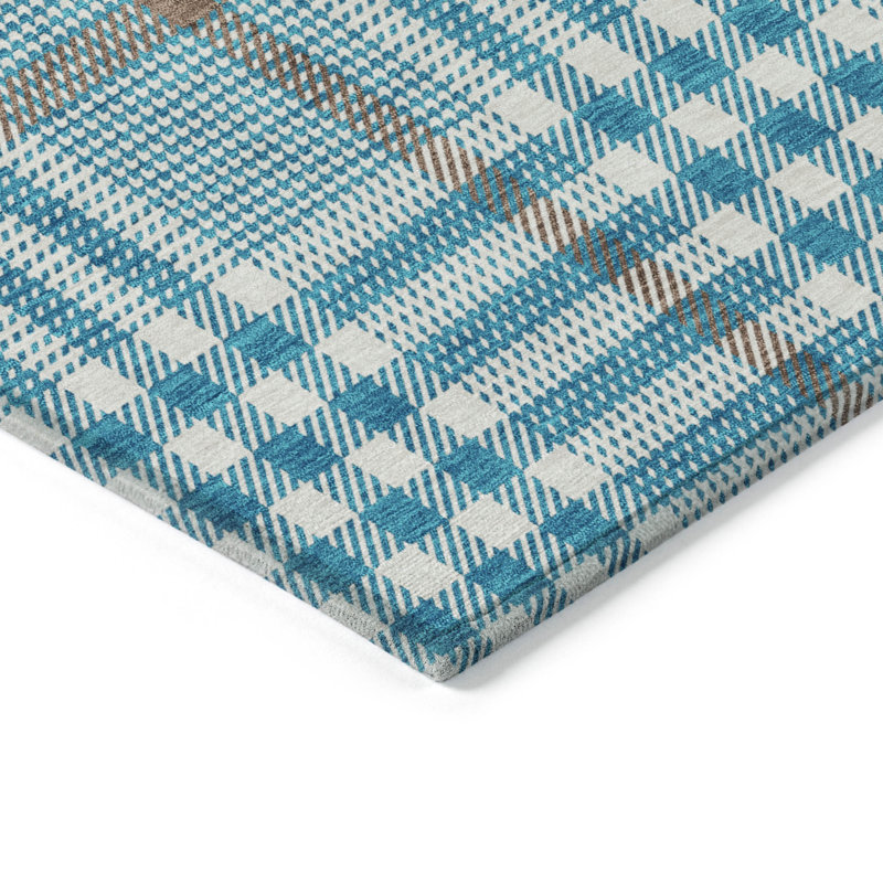 Teal and White Synthetic Washable Rectangular Rug