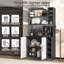 Tall Kitchen Pantry Cabinet 187 cm with LED Lighting, Glass Upper Doors and Adjustable Shelves, Large Middle Shelf for Microwave, Freestanding-135952617