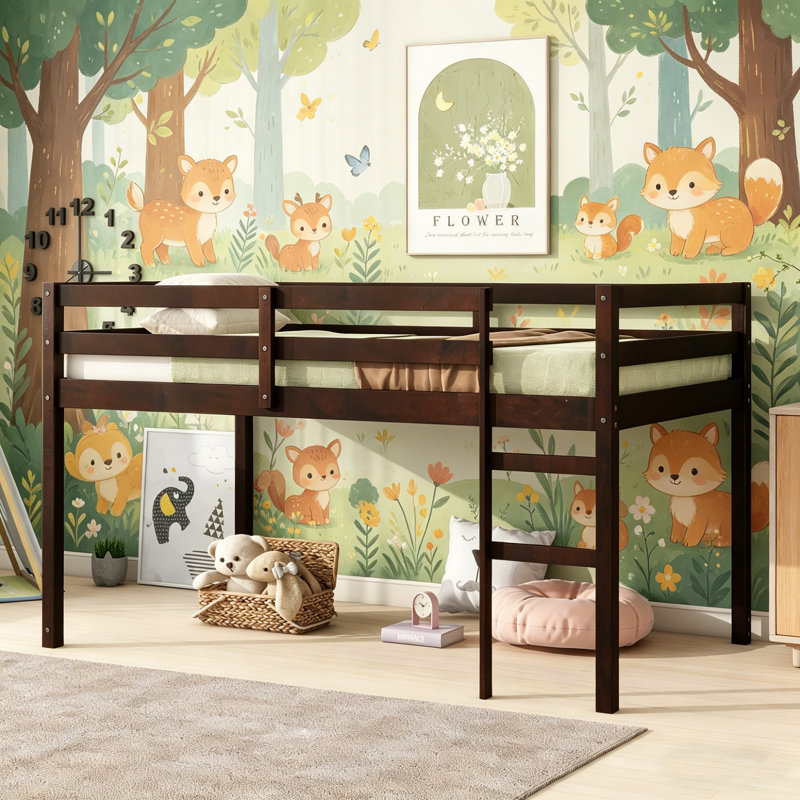 Low Loft Bed Frame, Bed Platform With Safety Guardrails And Ladder, Solid Wood Bed, No Box Spring Needed, Twin And Full, Tan