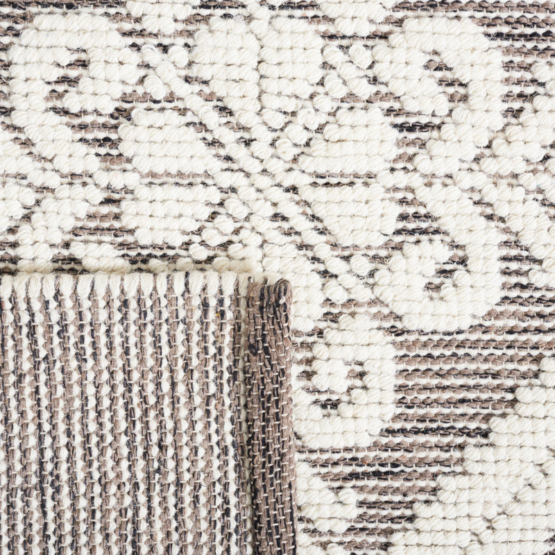 Tapis ivoire / brun en laine tissé à la main Damask, Carré de 6 pi