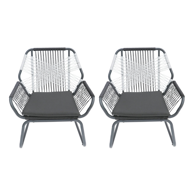 Fauteuil club en corde et acier de 2, gris blanc, point de croix, coussins d'eau et chaises, coussins blancs, tissu, point