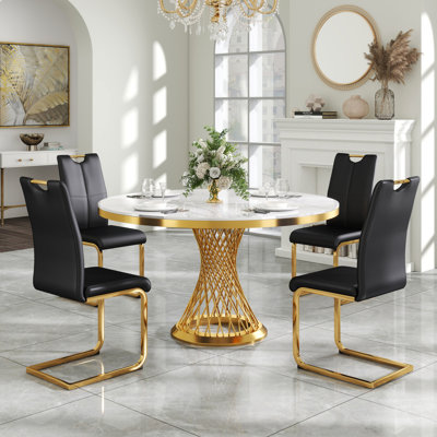 Ensemble de table de salle à manger, ensemble de table de salle à manger ronde en marbre de 47 po pour 4 à 6 personnes, plateau de table en faux marbre et pieds en acier inoxydable et chaises en cuir synthétique pour appartement de cuisine