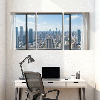 Scenic &Cityscapes Cityscape Skyline Urban View Window Reflection Modern Architecture High Rise Buildings Set of 3 Canvas Wall Art Prints