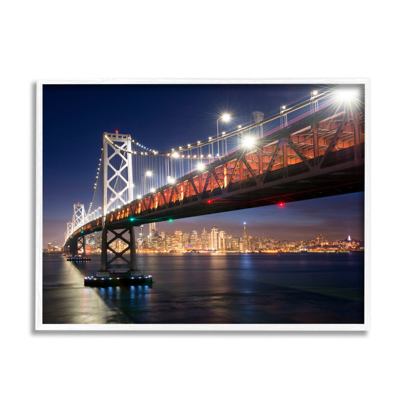 Illuminated Water Ocean Bridge Urban City Skyline, 20" W x 20" H, Coastal White Framed Giclee