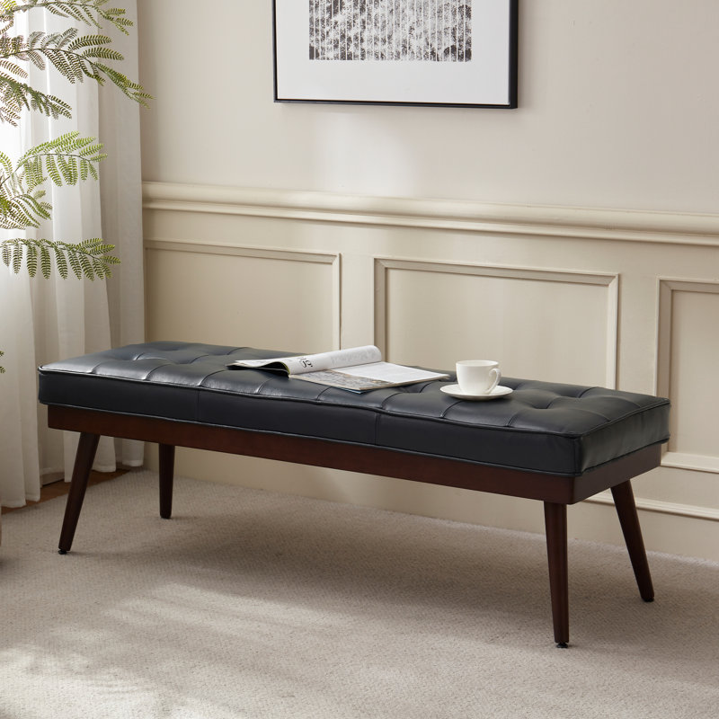 Mid - Century Modern Tufted Genuine Leather Bench with Solid Wood Legs, Blue