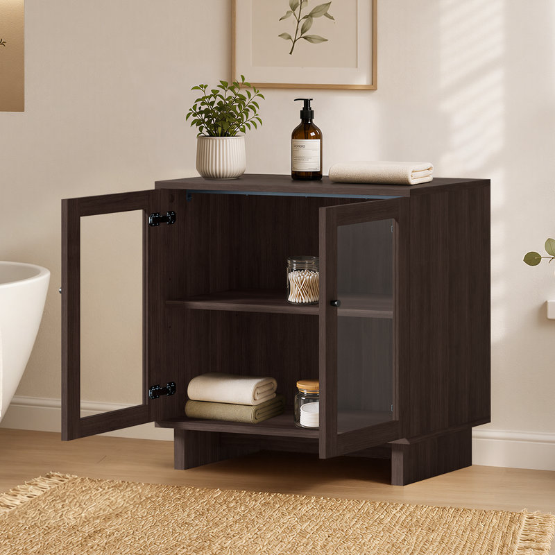Buffet Almaguer de 80 cm de large avec porte vitrée, tablette réglable et fini grain de bois, noyer brun, Brun noyer