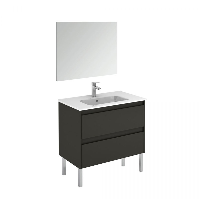 Ambra 32'' Glossy Anthracite Modern Bathroom Vanity with Integrated Ceramic Sink and Mirror