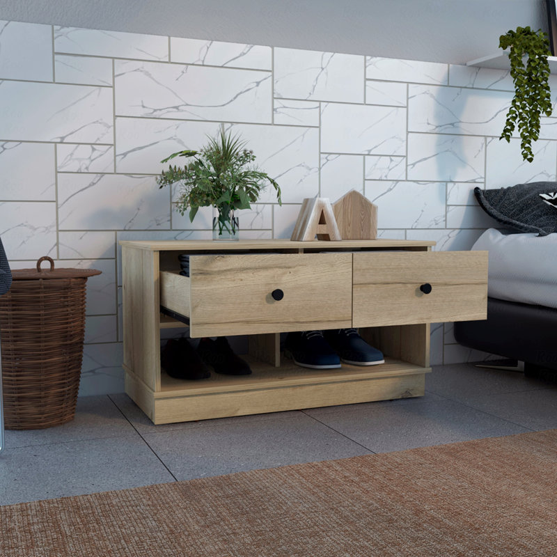 Banc de rangement, deux tablettes ouvertes, deux tiroirs, Beige