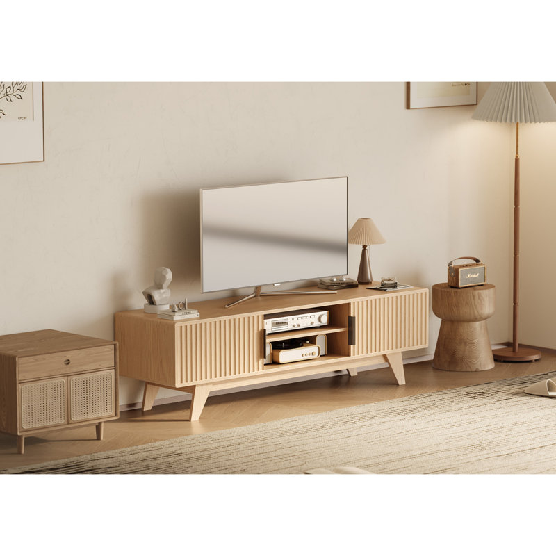 Meuble télé élégant pour téléviseur avec 2 armoires et tablettes, H 16,9 po x L 15,7 po x l 70 po, Bois de chêne