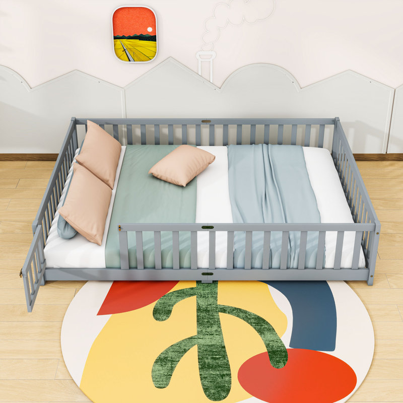 Queen Wooden Floor Bed With Guardrails And Slats, Gray